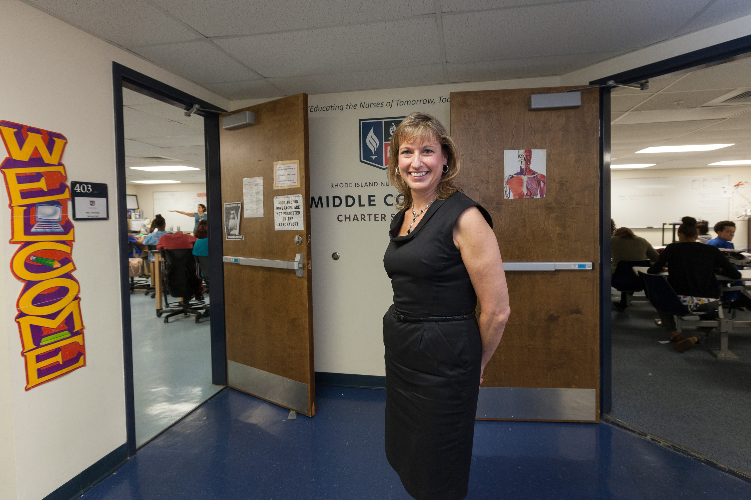 “We’re building the future nursing workforce in Rhode Island, one that will position nurses at the collaborative center of care,” says Pamela McCue, CEO of the R.I. Nurses Institute Middle College Charter School. The four-year program, located on the fourth floor of Roger Williams University building in Providence, has a college-like atmosphere.