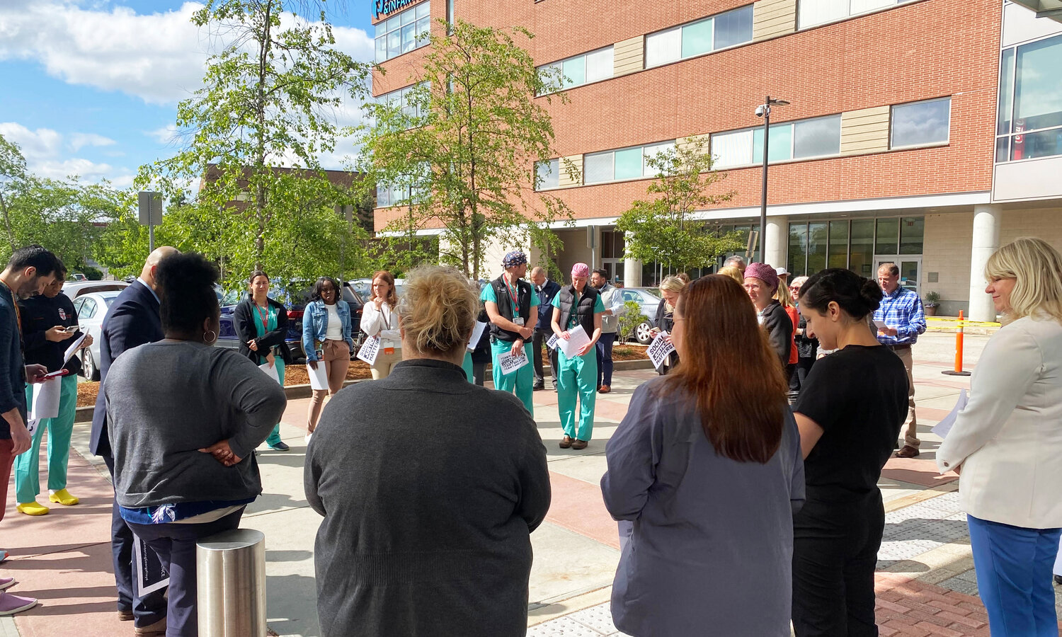 A gathering at the entrance at Women & Infants Hospital on Thursday morning, May 25, commemorating the death of George Floyd.